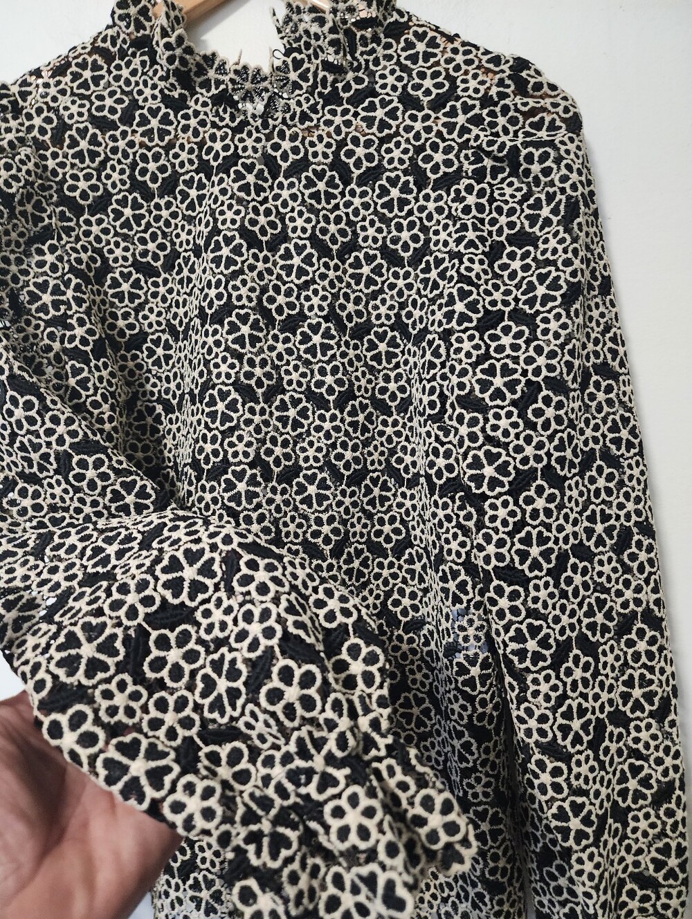 Sezane Black and Cream Floral Ruffle-Neck Blouse - Picture 3 of 8